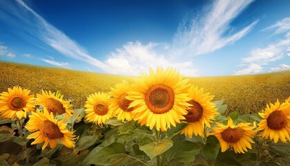 Obraz premium Yellow sunflower in blue sky, summer nature background, copy space- 27199