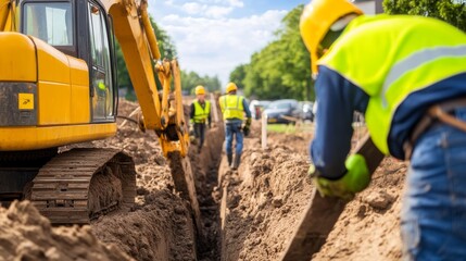 Construction worker using heavy machinery to dig a trench in a sunny urban environment