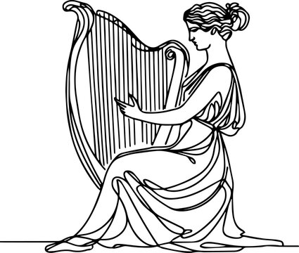 woman playing harp, black line art clip art preview