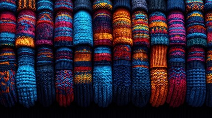 Colorful Knitted Gloves in Various Patterns and Textures Displayed in Horizontal Arrangement