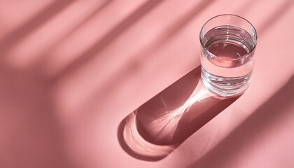 Glass of water on pink, sunlight and shadow, copy space- 55783