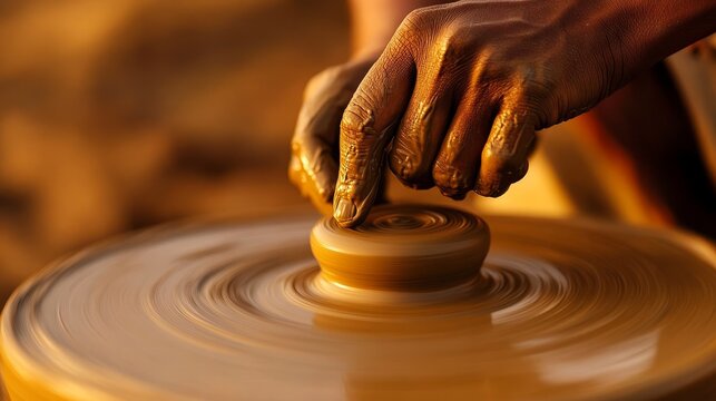 Skilled artisan shaping clay on a pottery wheel during sunset, showcasing craftsmanship