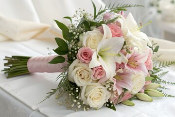 Obraz premium Elegant Wedding Bouquet with Roses and Lilies. A beautiful wedding bouquet featuring white roses, pink roses, and lilies, wrapped in a soft pink ribbon, resting on white fabric