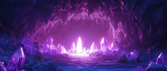 Fototapeta premium Glowing Purple Crystals in Enchanted Cavern Under Mysterious Light