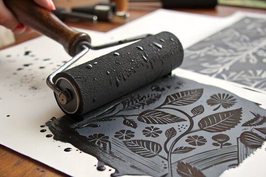 Lino Printing Process with Ink Roller and Block. Close-up of a hand using an ink roller for lino printing, applying black ink to a floral-carved linocut block on paper