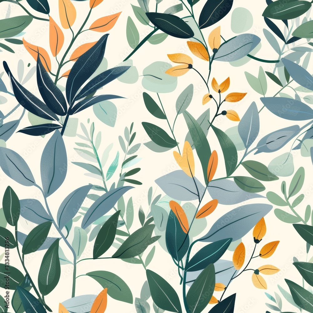Poster harmonious botanical pattern featuring a captivating array of leaves and small blossoms in shades of