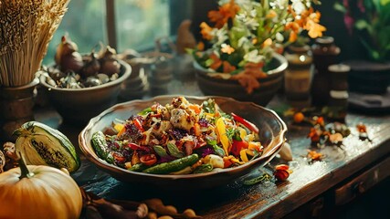 Colorful Autumn Harvest Salad on Rustic Wooden Table