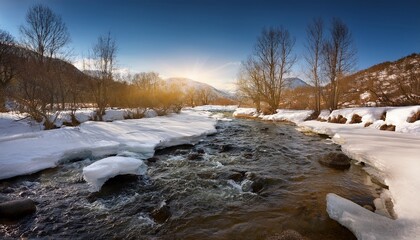 Fototapeta premium Rapid brook amongst melting snow and ice in spring, lights and shadows- 27199