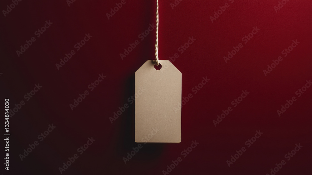 Poster a minimalist rectangular white tag with a white string. on maroon background. 3d illustration. mocku