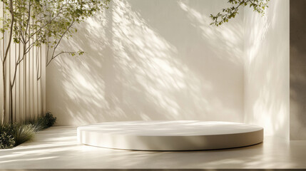 Modern, minimal beige geometric round cylinder podium, green tree twig in sunlight. for luxury beauty, skincare, cosmetic, body care product display background 3D illustration.
