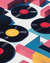 Fototapeta premium Colorful Vinyl Records on Geometric Shapes and Patterns for Music Lovers