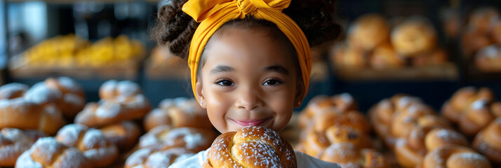 Adorable African American girl with yellow headband enjoying sweet pastry in bakery. Child smiling while eating powdered sugar donut surrounded by freshly baked goods. Banner with copy space