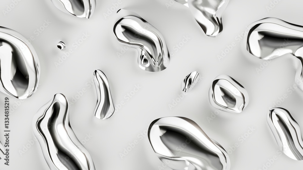 Poster high angle view of dynamic and reflective liquid metal blobs scattered on a clean white surface, cre