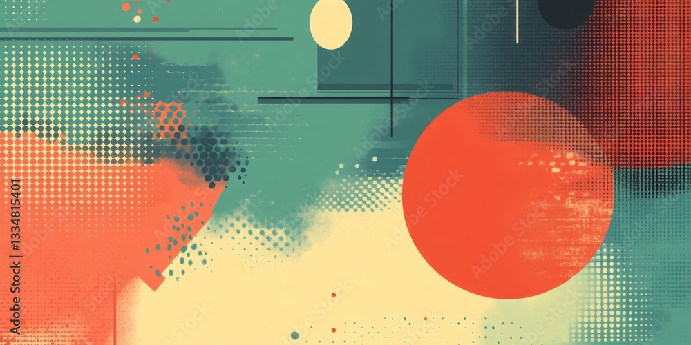 Poster abstract geometric composition showcasing circles lines and halftone textures