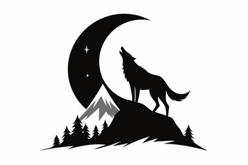 a wolf howling at a crescent moon with a mountain line art silhouette vector illustration