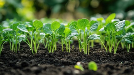 Growing seedlings in garden rows, sunlight on young plants