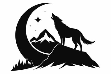 a wolf howling at a crescent moon with a mountain line art silhouette vector illustration
