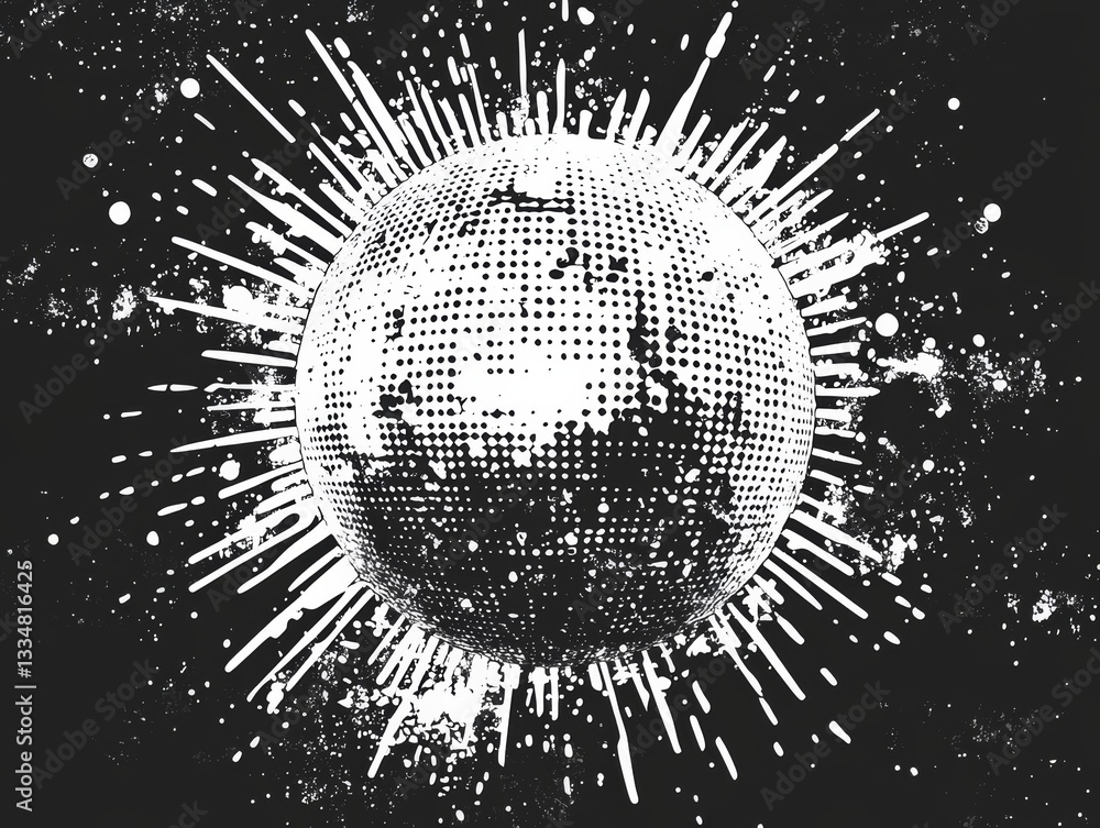 Poster high contrast monochrome abstract sphere with dotted texture and radiating white lines creating a dy