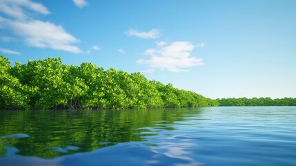 Obraz premium A serene landscape featuring lush green mangroves reflecting in calm waters under a bright blue sky with fluffy clouds.