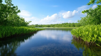 Obraz premium A serene landscape featuring a calm river surrounded by lush greenery and a clear blue sky, creating a peaceful natural environment.
