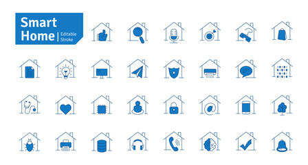 Smart Home Blue Line Icons Set. IoT, Technology, Home Automation, House, Security, CCTV, Cloud Home, AI, Innovation, Surveillance Icons Editable Stroke Vector Illustration