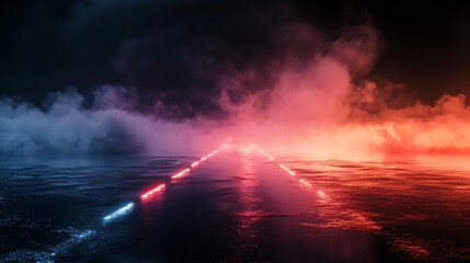Neon Light Reflection on Wet Asphalt, Smoke Effect - Professional Image Usage