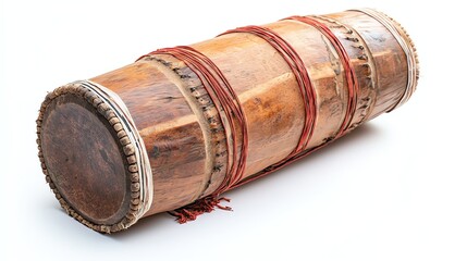 Traditional Native Hawaiian pahu drum, crafted from coconut wood and sharkskin, isolated on a white background, cultural heritage focus