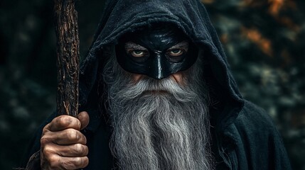 Mystical Wizard Wearing Black Mask Casting Spell with a Magical Aura