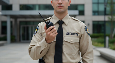 Professional security officer holding a radio in a corporate environment. Security and safety concept
