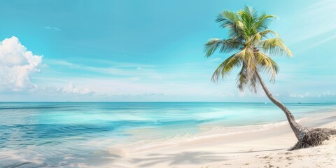 Obraz premium Idyllic tropical beach scene with a leaning palm tree, turquoise ocean, white sand, and a clear azure sky in the background