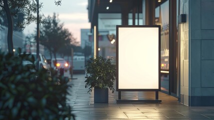 Illuminated blank advertising billboard mockup standing on a city sidewalk at dusk with blurred urban background and potted plant next to it for promotional content