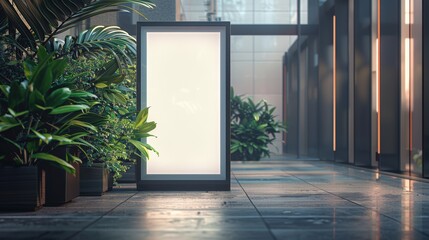 Illuminated blank advertising billboard display stands amidst vibrant green foliage in a modern office building interior, showcasing a clean and contemporary design for promotional content