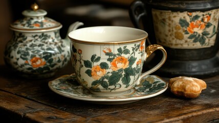 Floral Teacup Set on Rustic Wooden Table