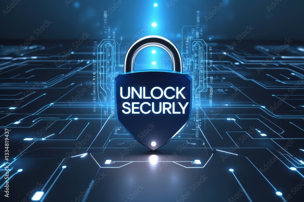 Poster a digital padlock symbolizing cybersecurity and data protection with futuristic blue circuitry in th