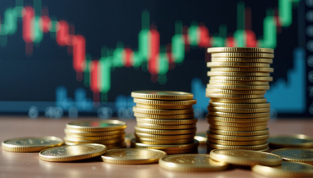 Gold coins with stock chart background