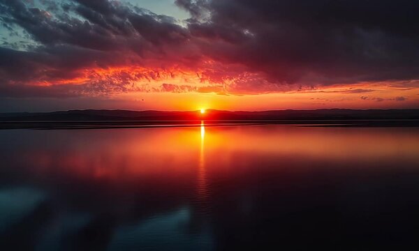 A stunning, reflective sunset over serene, calm waters with a vibrant orange and dark sky.