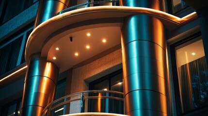 Naklejka premium Illuminated Exterior Architecture with Gleaming Pillars, Modern Design, Reflective Surfaces, and Subtle Lighting Accents Creating a Striking Visual Composition at Dusk