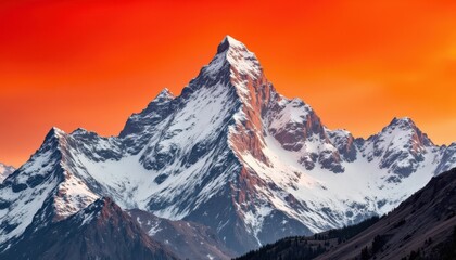 Fiery Summit: Depict towering peaks dusted with snow in stark white, contrasted against an intense, burning orange sky, highlighting the rugged textures of the mountain faces.