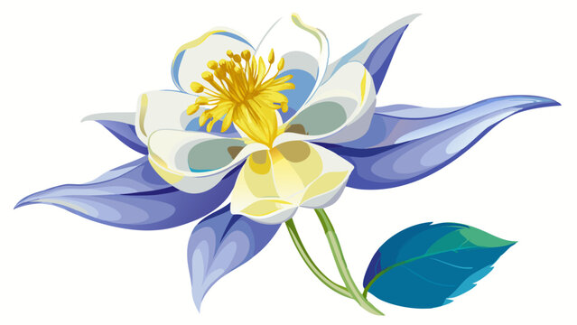 Translucent columbine flower with delicate petals and contrasting yellow stamen on a white background, botanical, spring, isolated, yellow, columbine, asymmetrical, purity,translucent