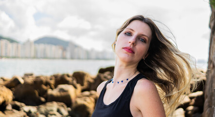 caucasian woman model with blue eyes looking forward