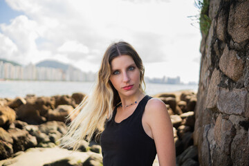 caucasian woman model with blue eyes looking forward