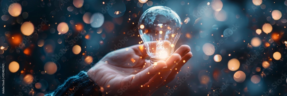 Poster illuminating innovation: a hand holding a glowing light bulb amidst a dazzling display of sparkling 