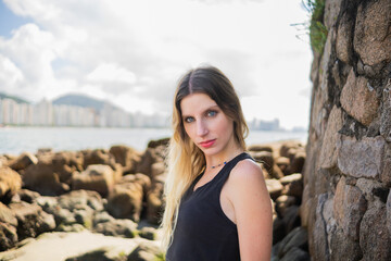 caucasian woman model with blue eyes looking forward