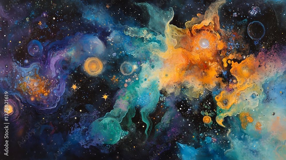 Poster cosmic scene of a nebula glowing with interstellar gas and dust.