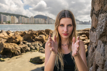 caucasian woman model with blue eyes looking forward