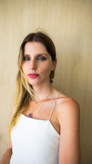 caucasian woman model with blue eyes looking forward