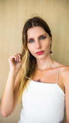 caucasian woman model with blue eyes looking forward