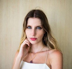 caucasian woman model with blue eyes looking forward