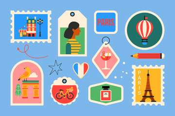 Travel to Paris modern stickers and stamps design in trendy geometrical style. Template for greeting cards, banner and background