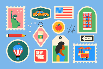 Travel to New York modern stickers and stamps design in trendy geometrical style. Template for greeting cards, banner and background